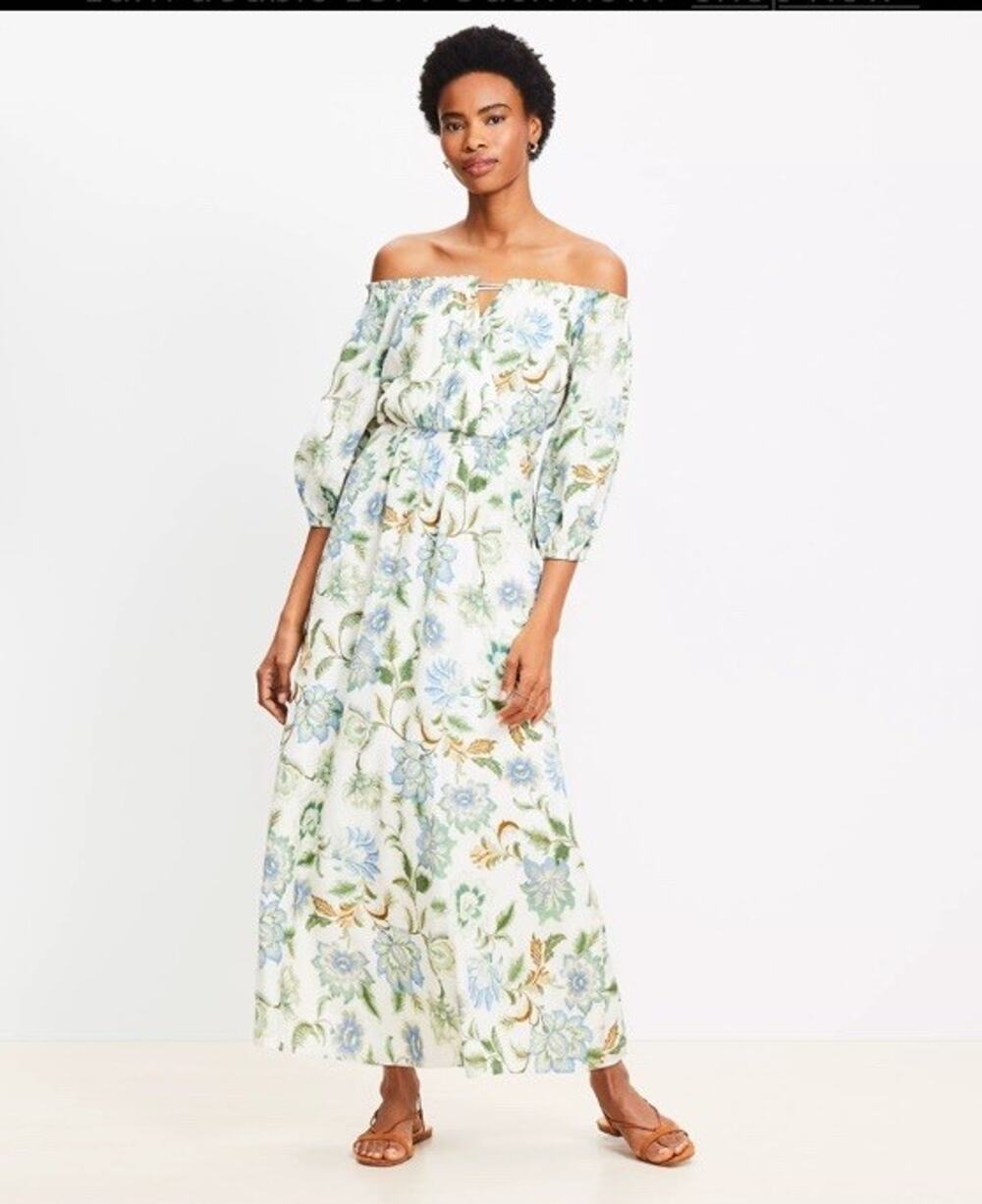 LOFT Maxi Dress SIZE 6 Floral 3/4 Balloon Sleeve Off-the-Shoulder Romantic